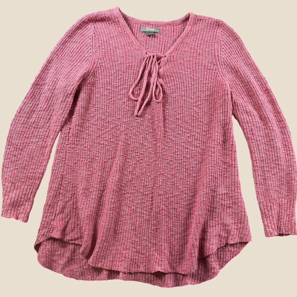 Natural Reflections Sweater Women XL Pink Lace Up V-Neck Textured Knit Pullover